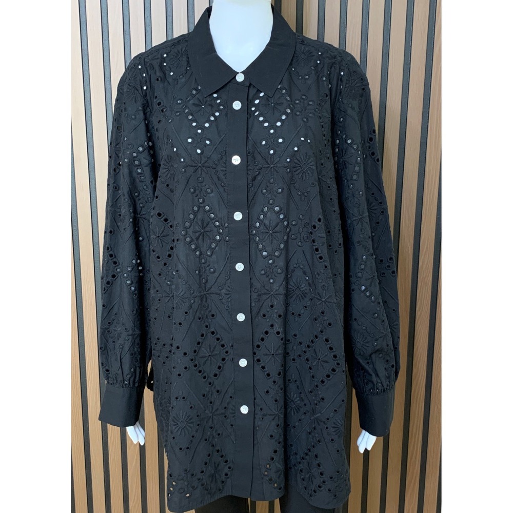 Talbots Plus Petite Women's Black Eyelet Cotton Button Down Shirt 3XP Classic